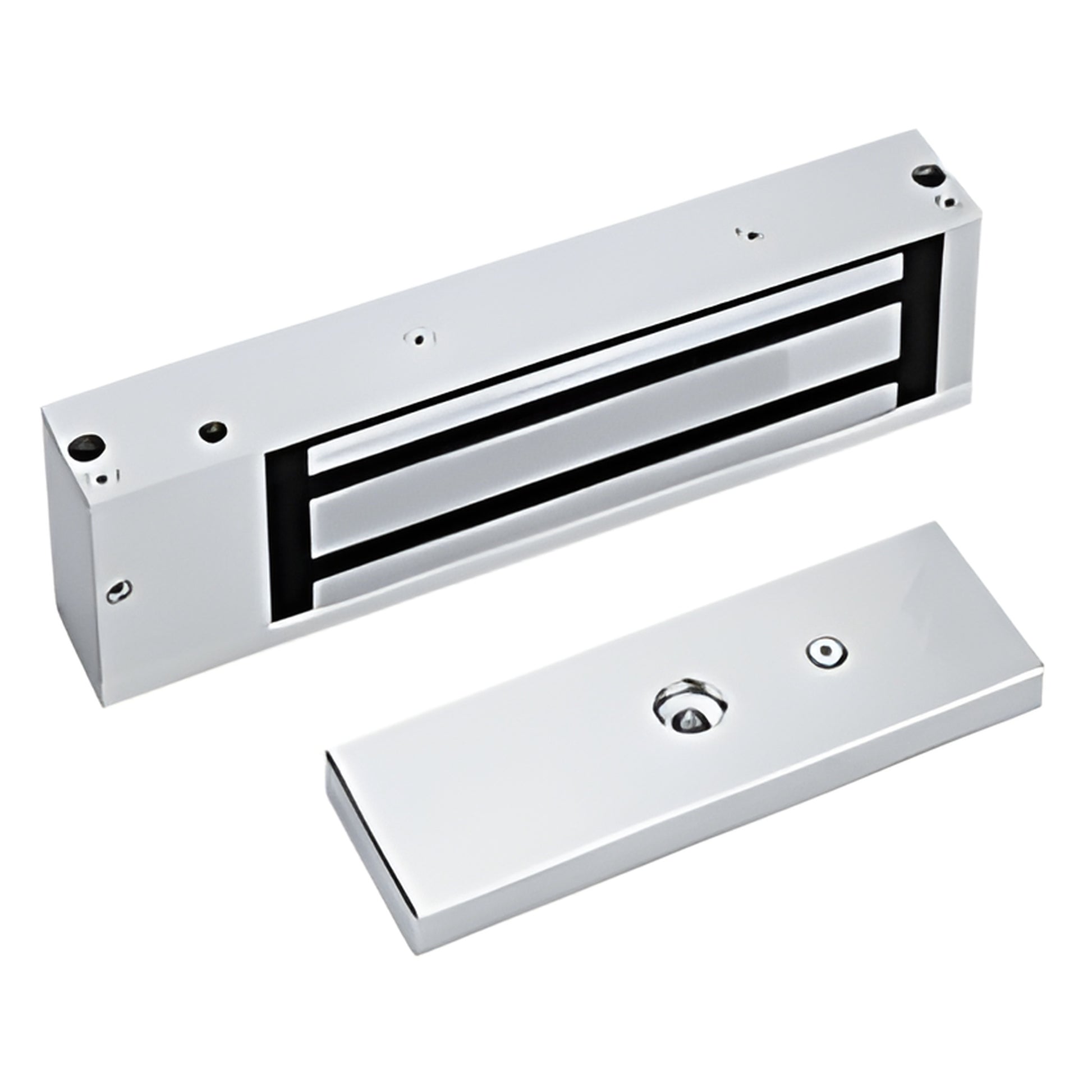 MLST1200U electromagnetic door lock - brushed aluminum single-magnet unit with matching armature plate, commercial grade.