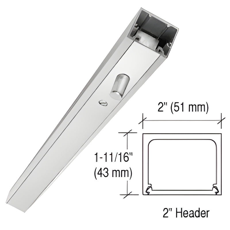 NH236PS polished stainless narrow door header with snap in cover and factory walking beam pivot, 2" wide, ~1 11/16" high