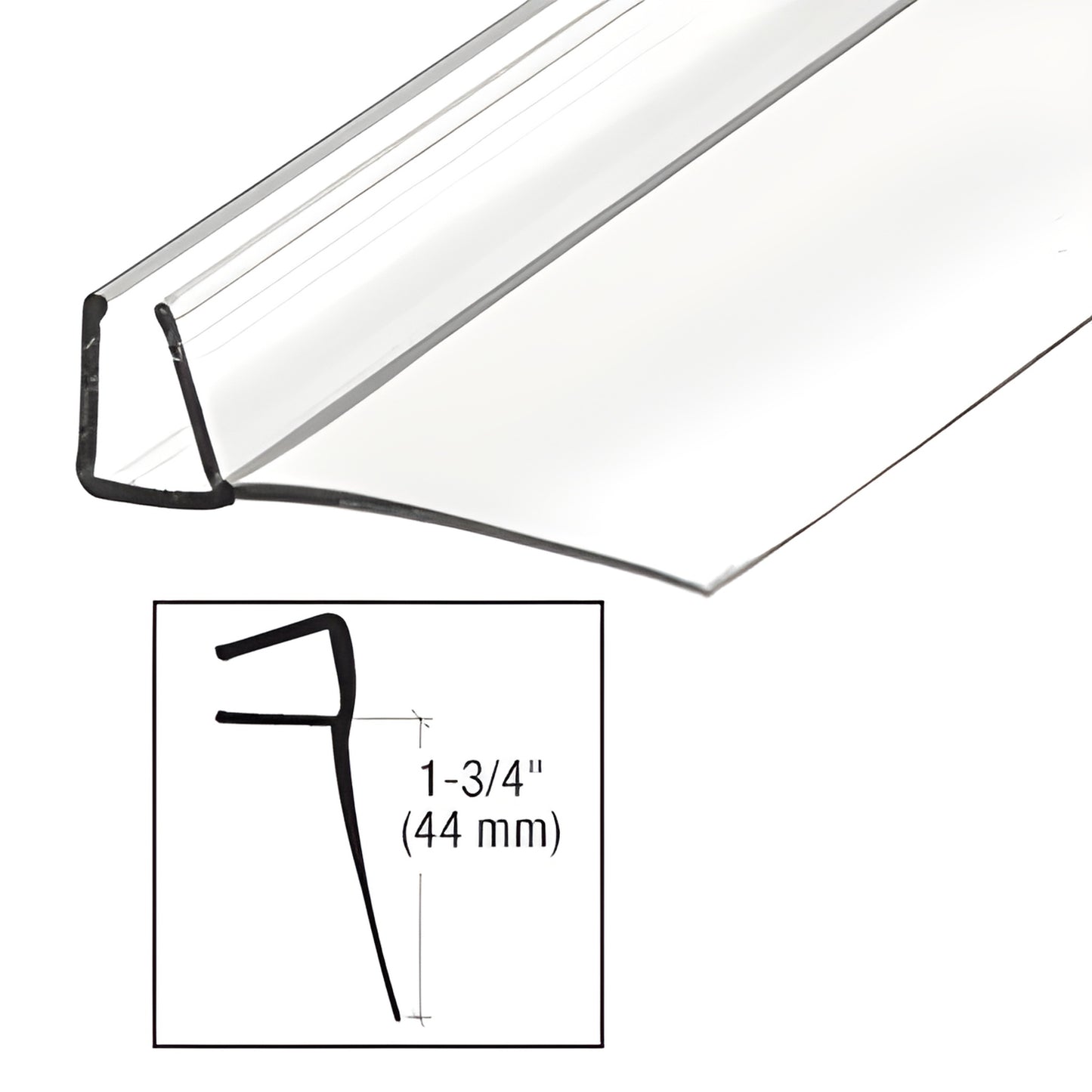 Clear polycarbonate U-channel (1-3/4" fin) for 1/2" tempered glass sliding doors, SKU PC12134.