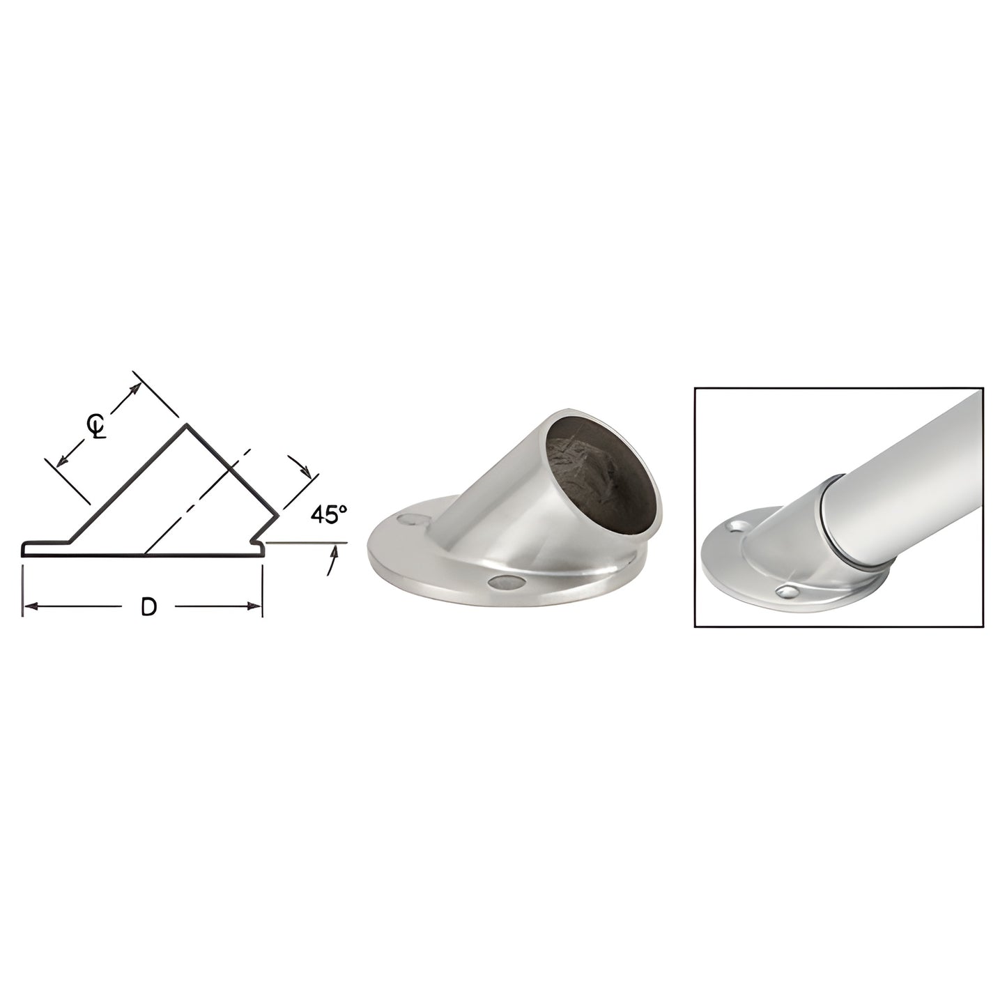 CRL HR20AFBS 45 brushed stainless steel angle flange for 2-7/16 centerline tubing, three-hole base