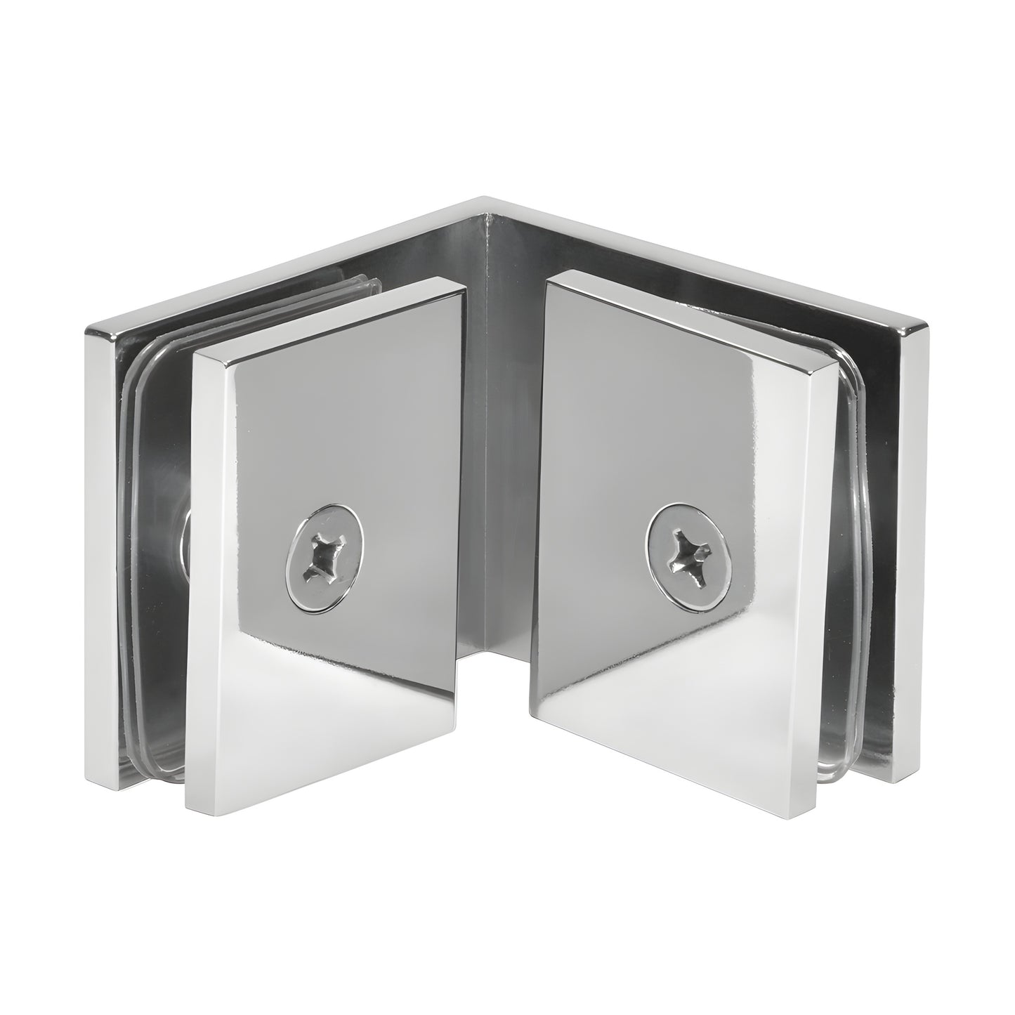 SGC90CH polished chrome square 90 glass-to-glass clamp for 3/8-1/2 glass, solid brass, frameless shower corner