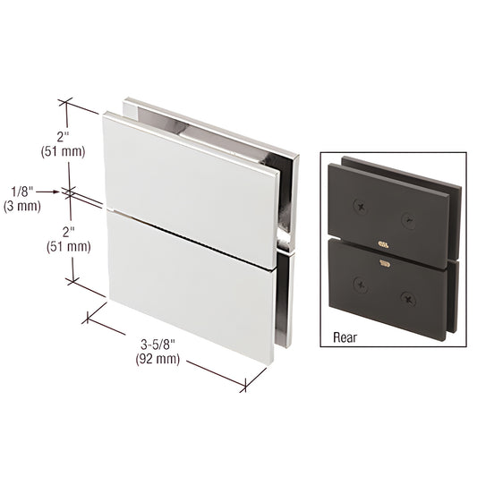 CAR02CH Cardiff polished chrome squared pivot hinge for 8-10mm glass, 3-5/8 in wide, top-and-bottom mount