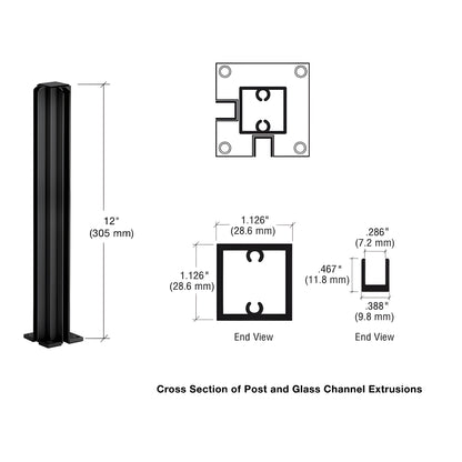 Matte black 12 in aluminum 90 corner partition post with dual U-channels for 1/4 in glass, 2 in base (SKU D990MBL12CR)