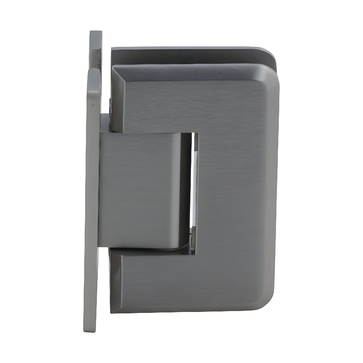 Brushed nickel Pinnacle glass shower door hinge (SKU P1N537BN), solid brass for 8-12mm glass, 5 pre-set, self-centering.