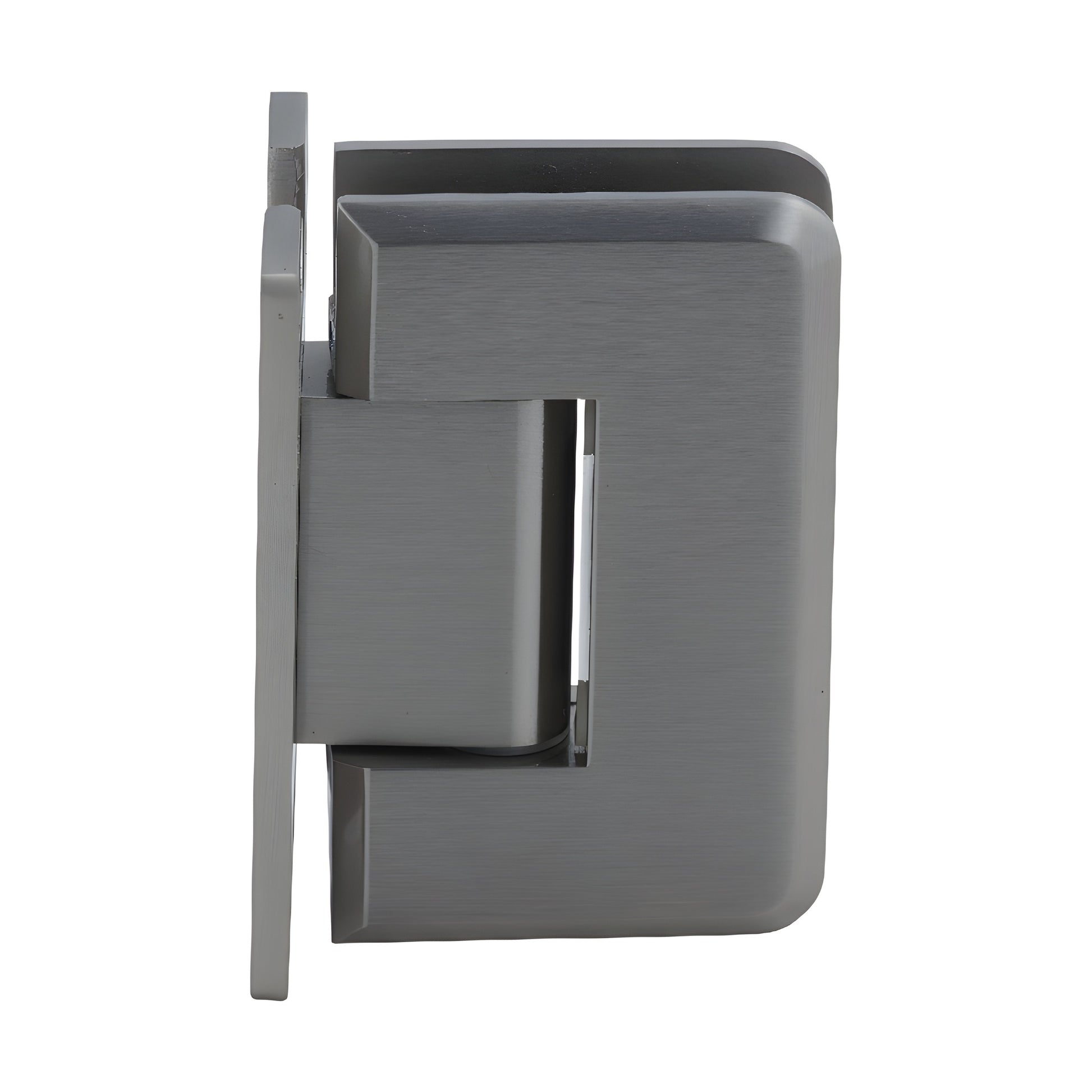 Brushed nickel Pinnacle glass shower door hinge (SKU P1N537BN), solid brass for 8-12mm glass, 5 pre-set, self-centering.