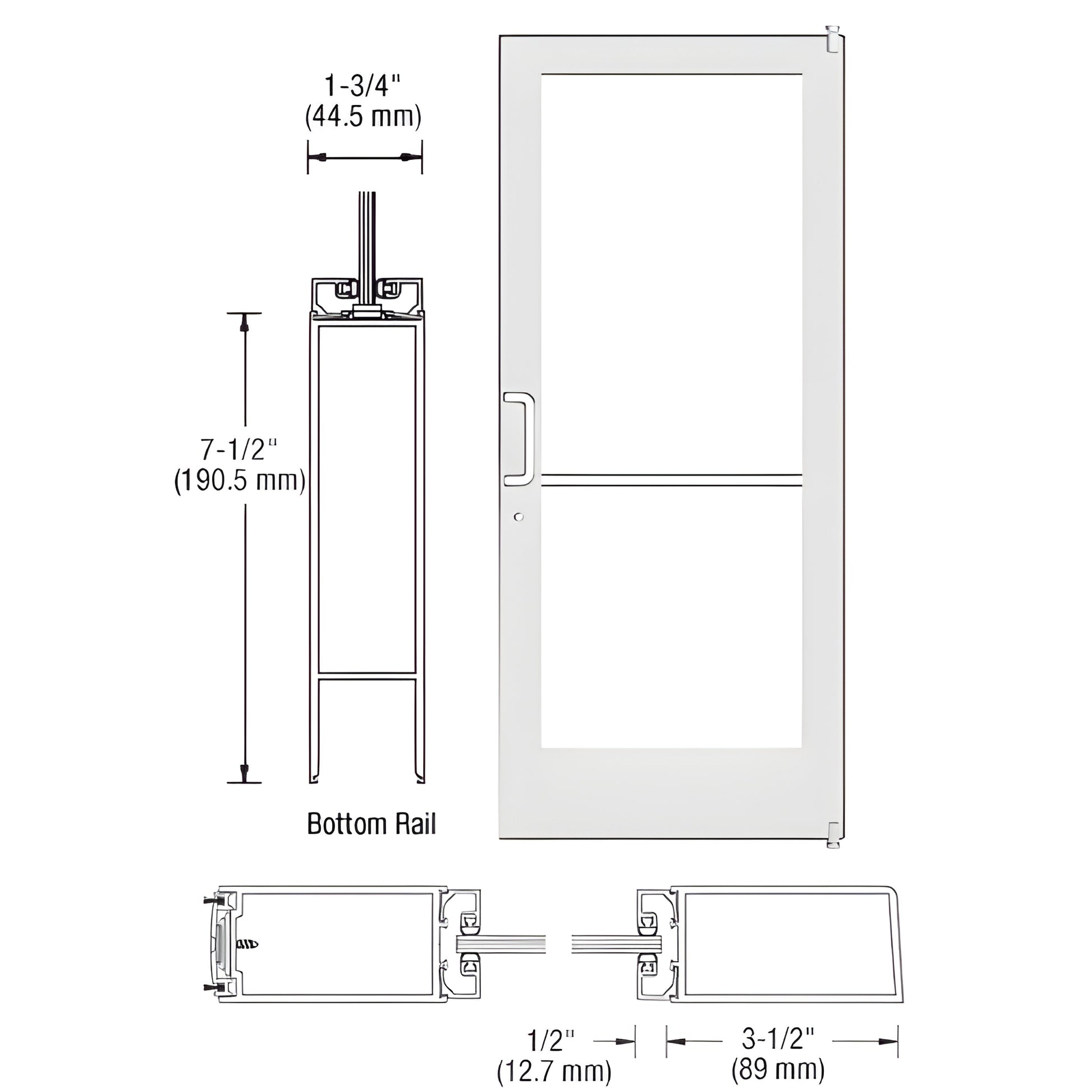 White LA36 medium stile commercial entrance door (SKU HE42252LA36), 3-1/2" stiles, fits 1/4" glass or 1" insulated, offset pi