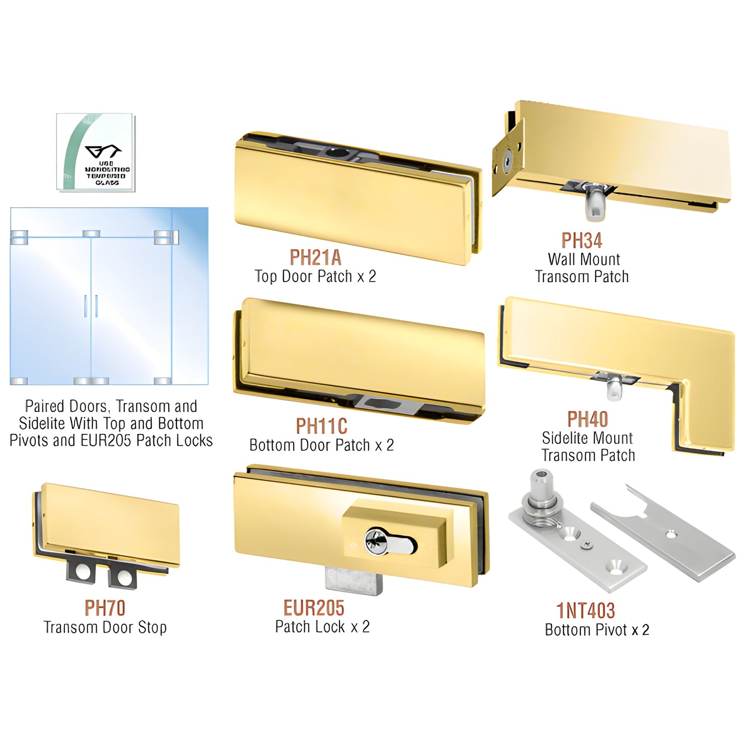 PHE7LBR polished brass CRL PHE7 kit - pivot patch fittings, transom/sidelite parts for 10/12mm tempered glass double doors
