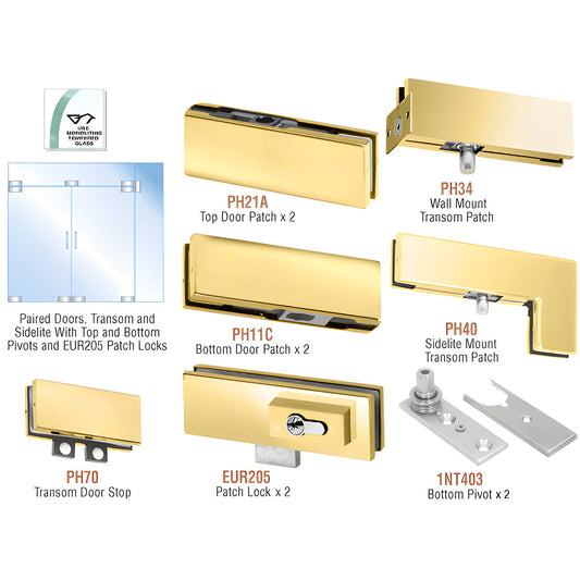 PHE7LBR polished brass CRL PHE7 kit - pivot patch fittings, transom/sidelite parts for 10/12mm tempered glass double doors