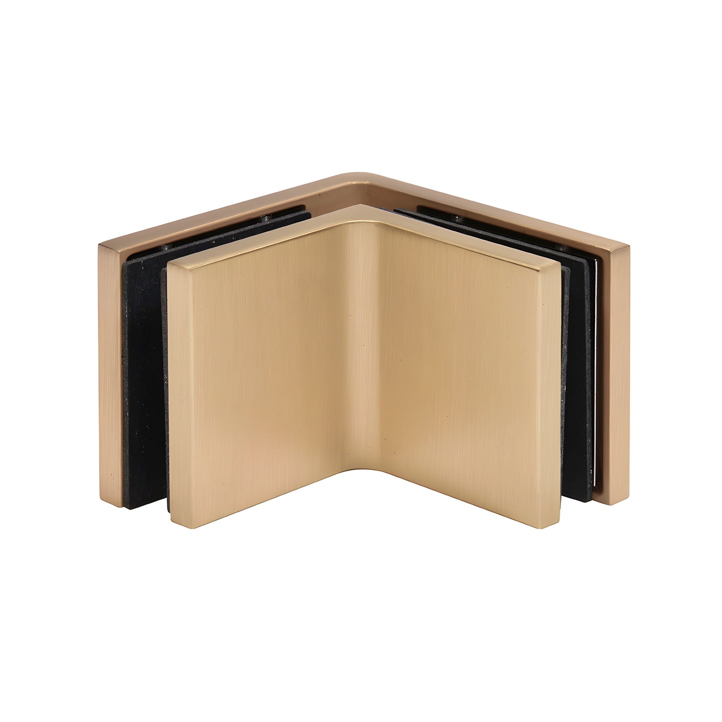 Satin brass 90 solid brass glass clamp (CCS90SB) for 3/8-1/2" frameless shower panels, concealed snap-on cover