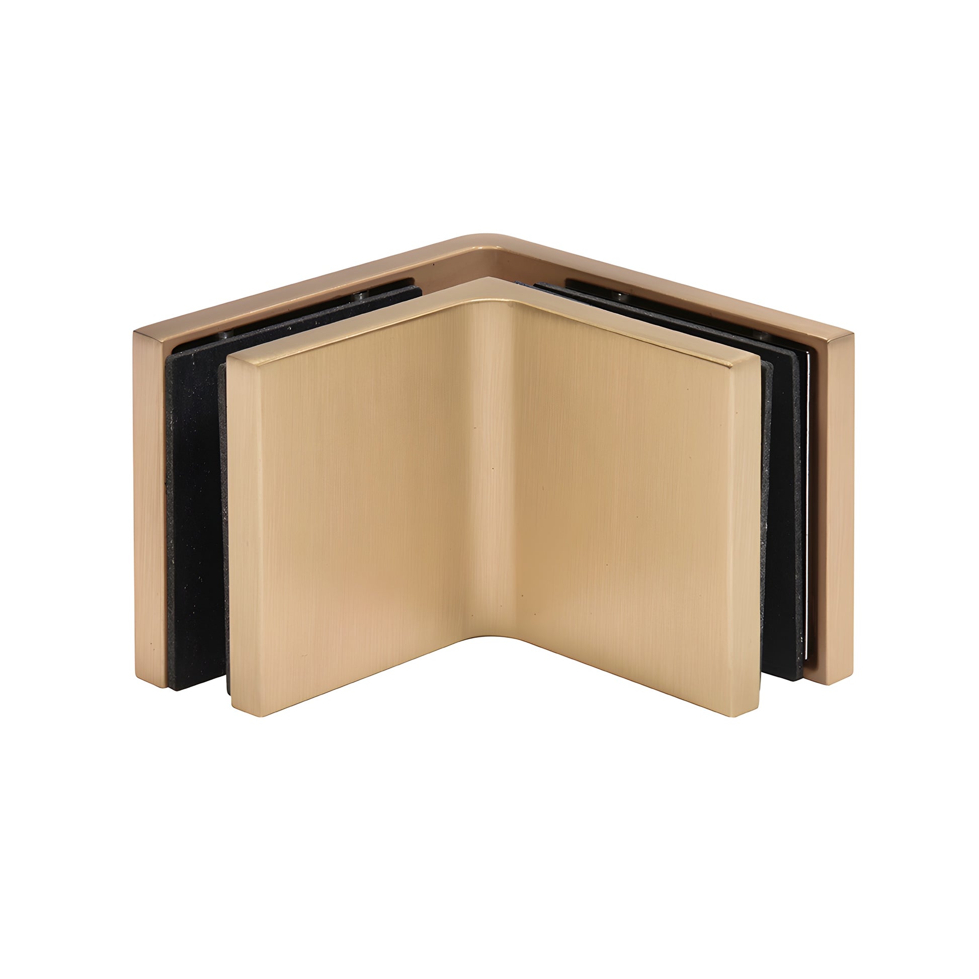 Satin brass 90 solid brass glass clamp (CCS90SB) for 3/8-1/2" frameless shower panels, concealed snap-on cover