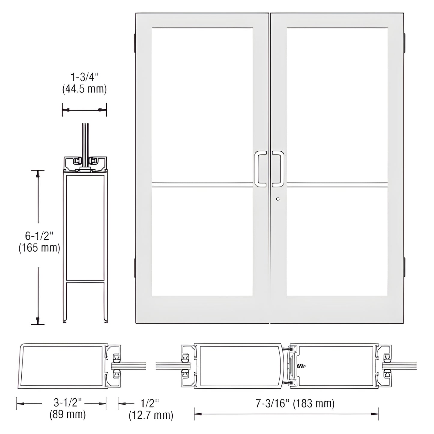 DC42552 white Kynar commercial medium-stile double glass entrance door frame, 3-1/2" stiles, fits 1/4" tempered glass, includ