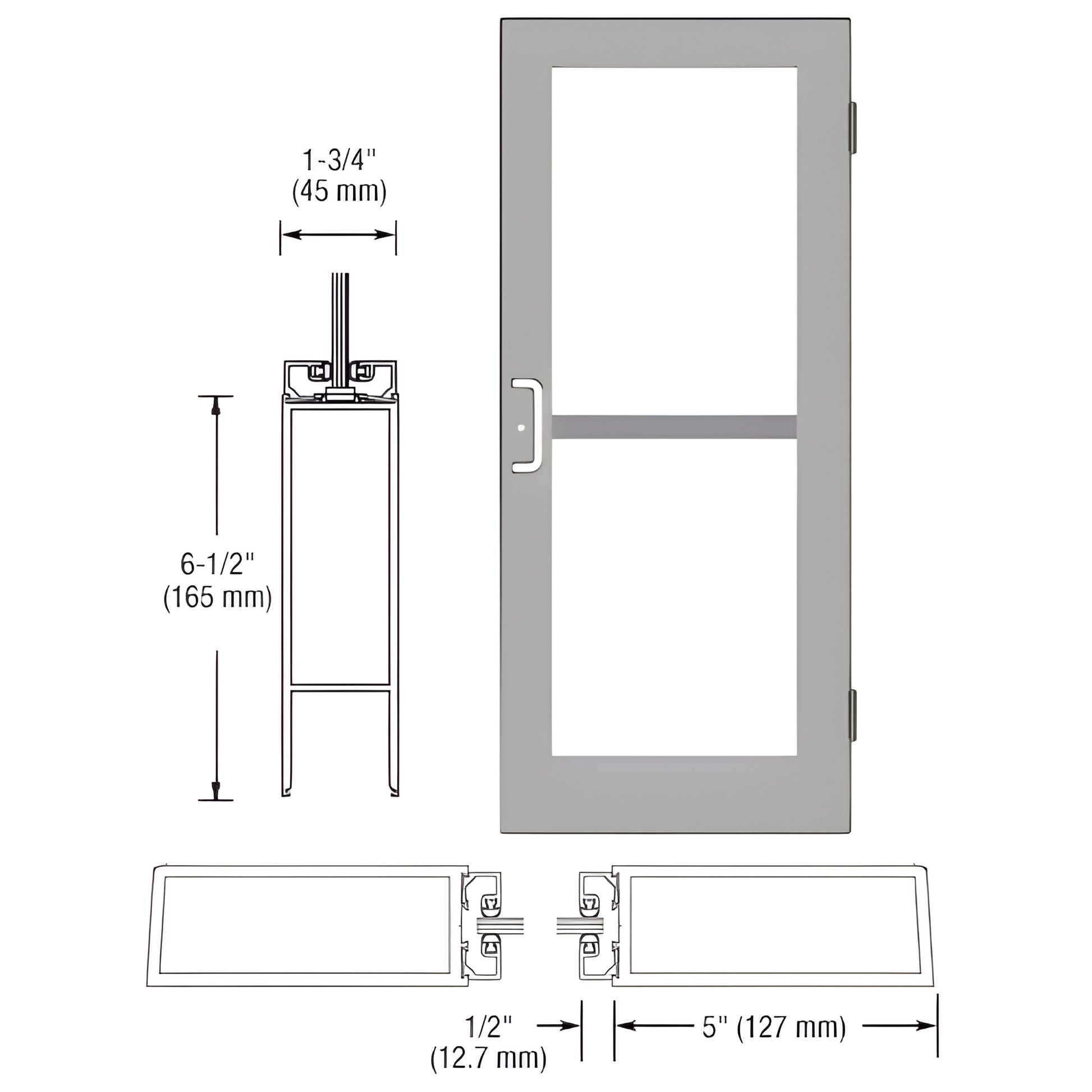 DZ51511 clear anodized commercial glass entrance door, wide 5" stiles, includes panic pull and hanging hardware.