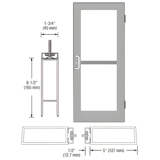 DZ51511 clear anodized commercial glass entrance door, wide 5" stiles, includes panic pull and hanging hardware.