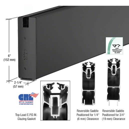 CRL Black Powder Coat 6" Square Sidelite Rails for 3/4" Glass, 120" Length, Durable Finish