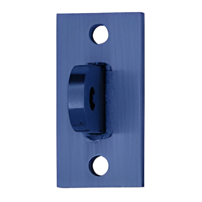 AW9SMPT glass awning mounting plate - blue powder-coated rectangular plate with two screw holes and central clip