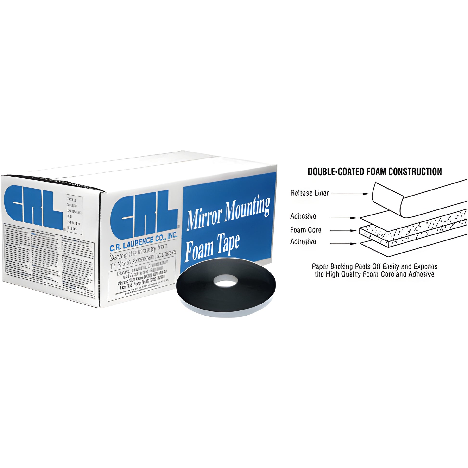 Black 1/2" mirror-mount foam tape roll beside labeled box, double-coated adhesive foam tape for mirrors (CRL421612)