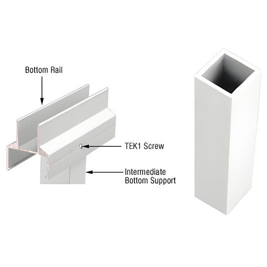SKU 1BSW sky-white 12 in aluminum intermediate bottom support for railing, shown with bottom rail and TEK1 screw