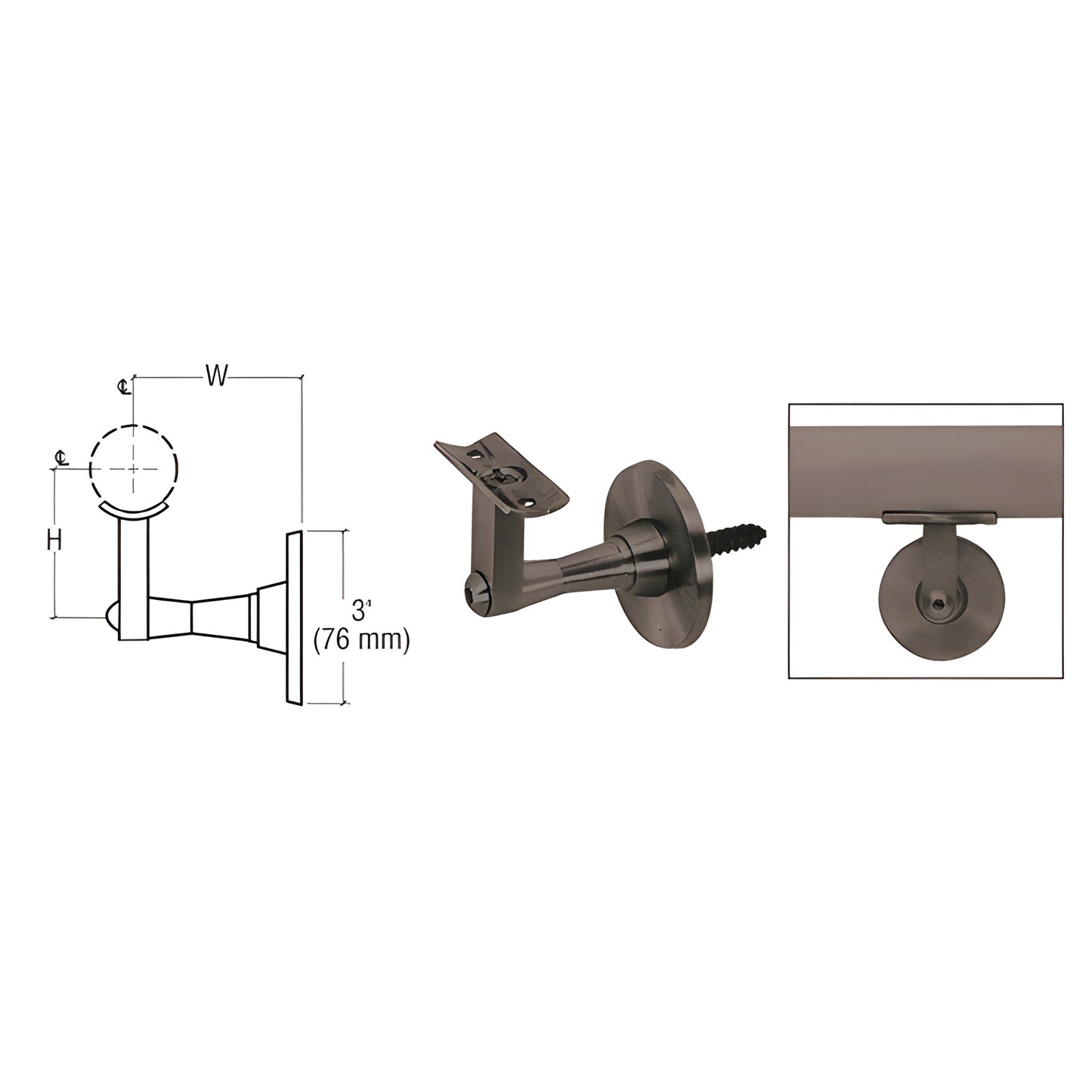 HR2SWDU black bronze wall-mounted handrail bracket, aluminum, 2-way adjustable, fits 1.5-2" tubing, 2-7/8" projection