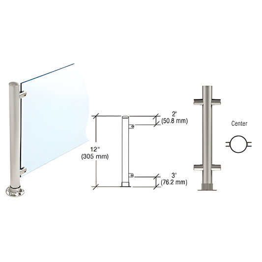 PP55CBS 12" brushed stainless round center post partition with adhesive flange and glass clamps for 1/4"-3/8" panels.