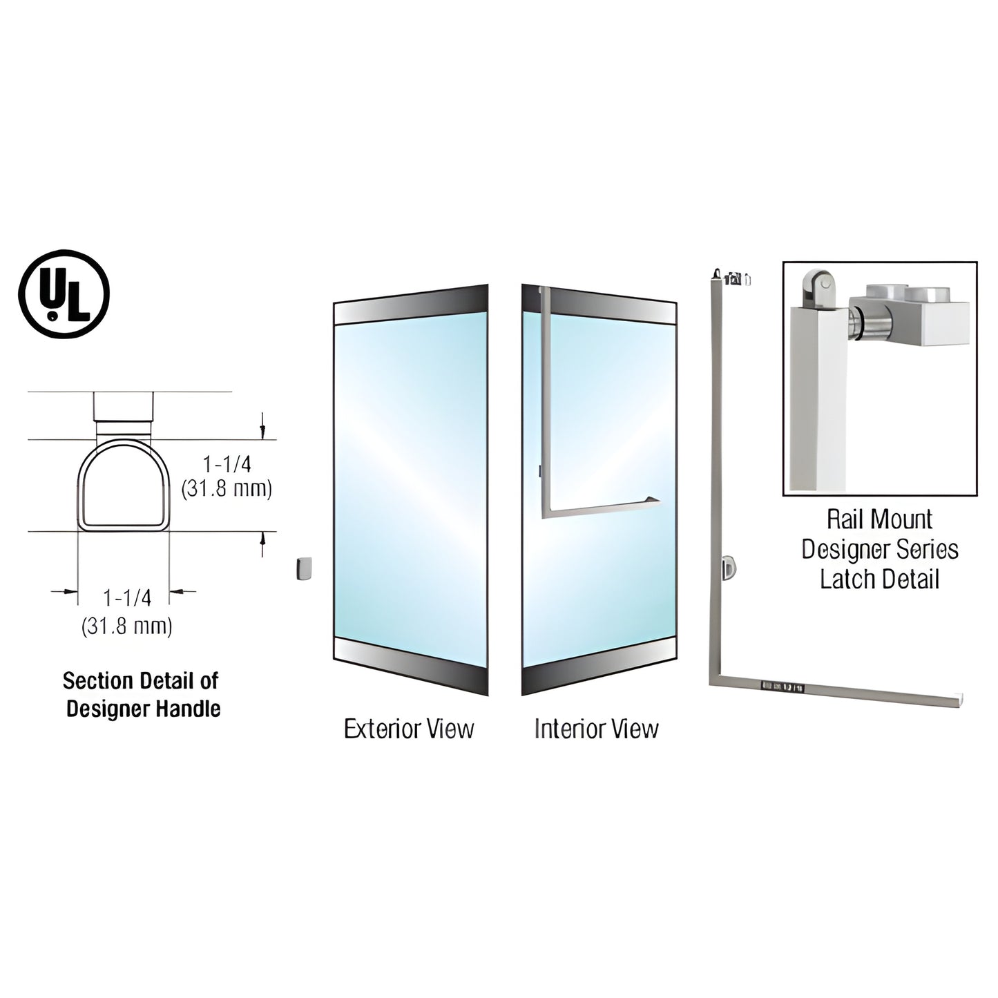 DPA100Z4RKBS 316 stainless brushed Z-shape rail-mount panic handle for 1/2 in glass doors, 1-1/4 in D-profile