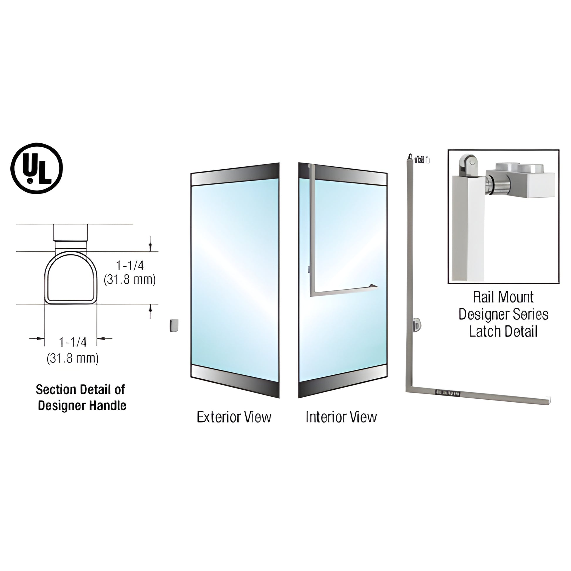 DPA100Z4RKBS 316 stainless brushed Z-shape rail-mount panic handle for 1/2 in glass doors, 1-1/4 in D-profile