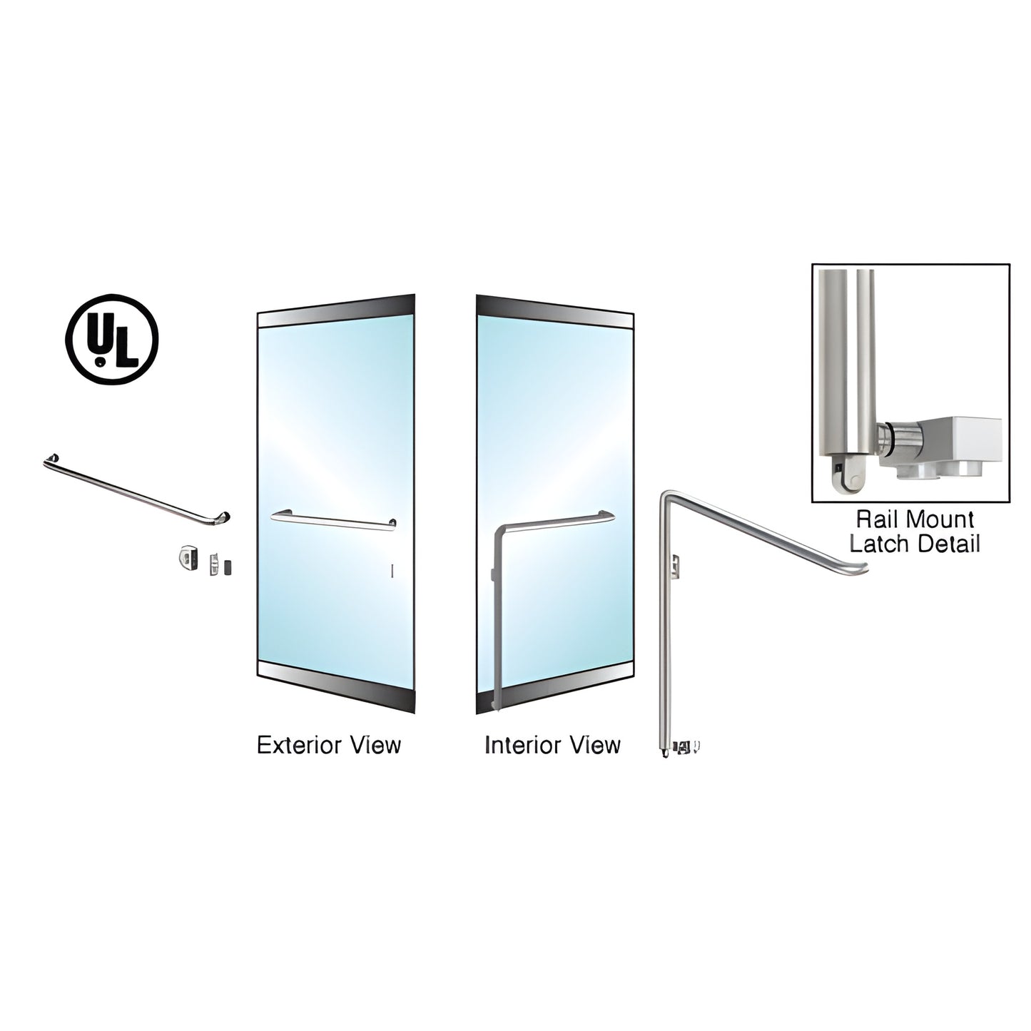 PA110A4LKBS brushed stainless 1-1/4" panic rail handle for 1/2" glass doors, low-profile exterior/interior views