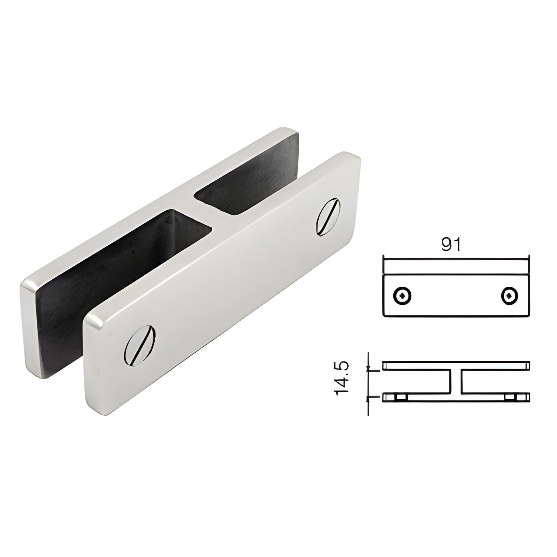 Brushed stainless steel no-drill glass bracing clamp (SKU GBC180BS) for 12-13.52mm panels, angled view with dimension sketch