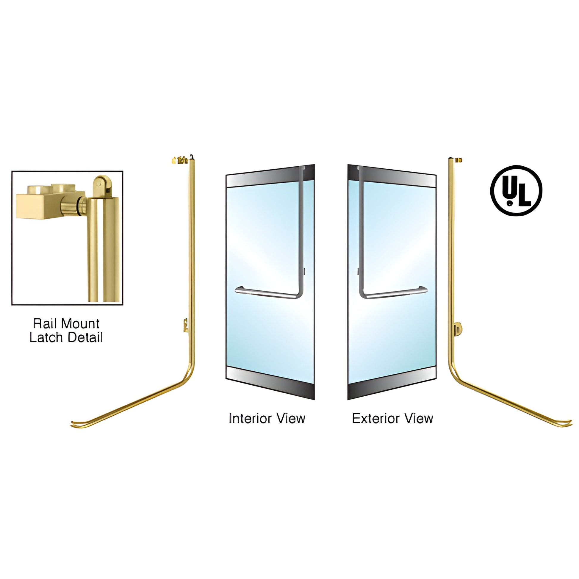Satin brass panic rail-mount handle for tempered glass doors, 1-1/4 tube, interior/exterior views, UL certified.
