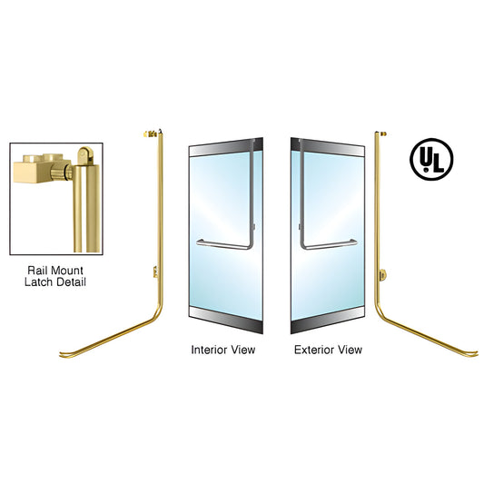 Satin brass panic rail-mount handle for tempered glass doors, 1-1/4 tube, interior/exterior views, UL certified.