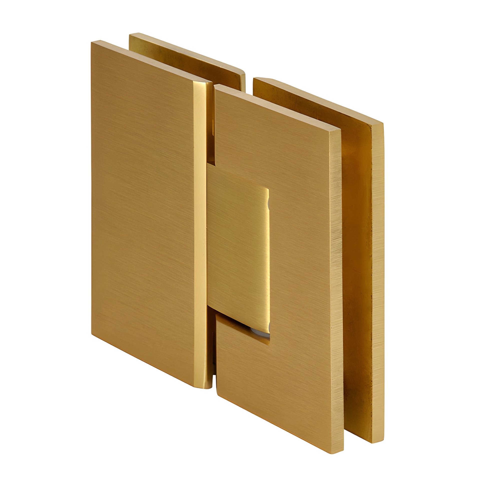 GEN380SB satin-brass adjustable glass-to-glass shower hinge, square profile Geneva series, solid brass, self-centering.