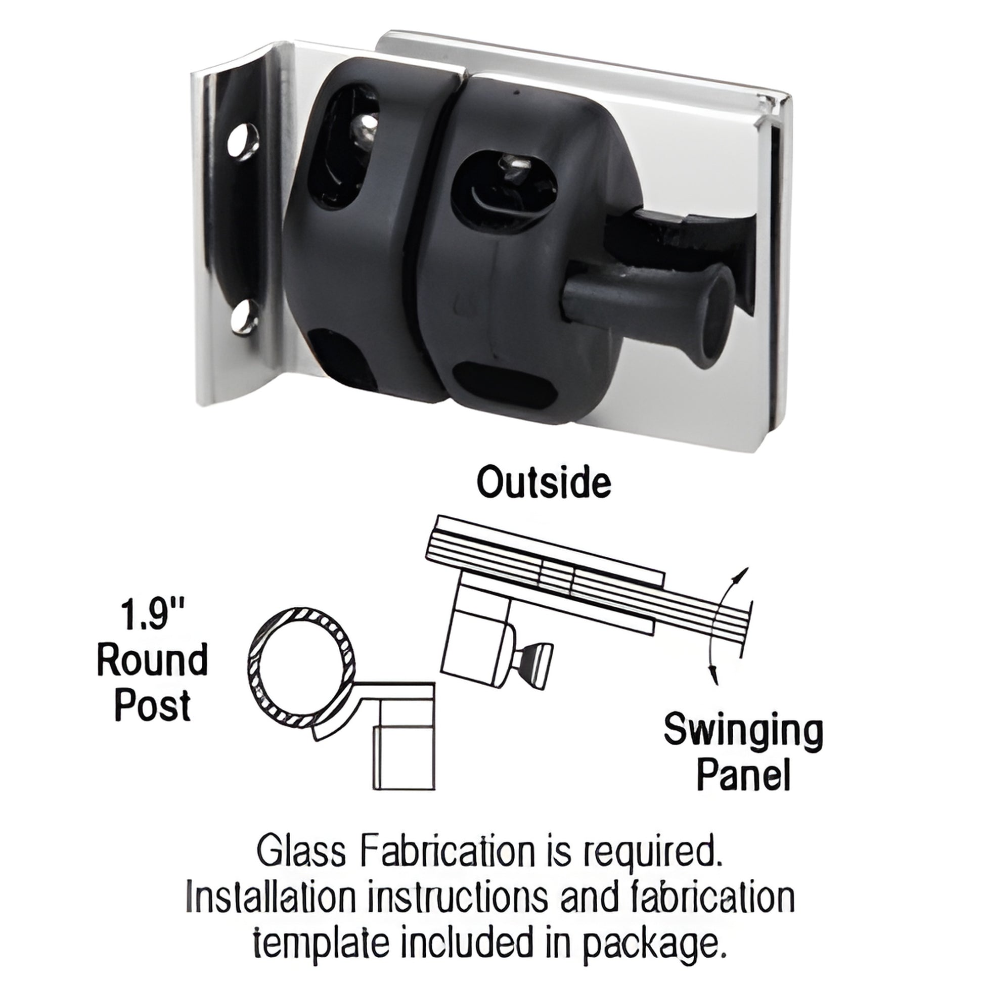 Polished stainless steel round-post gate latch (SKU MLSP5PS) for 1/2" tempered glass out swinging pool/commercial gates