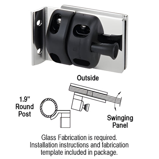 Polished stainless steel round-post gate latch (SKU MLSP5PS) for 1/2" tempered glass out swinging pool/commercial gates