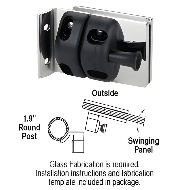 Polished stainless steel round-post gate latch (SKU MLSP5PS) for 1/2" tempered glass out swinging pool/commercial gates