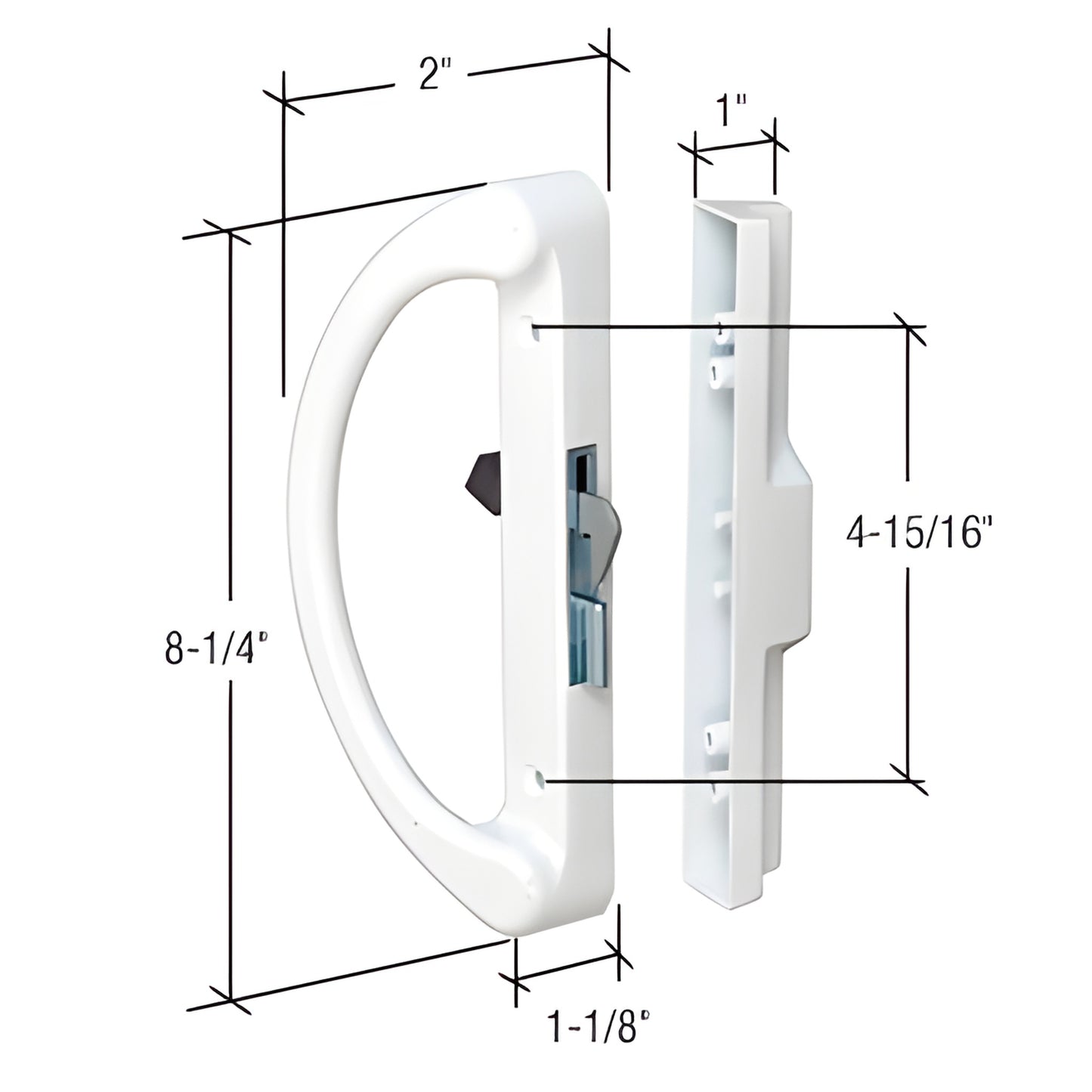 White surface-mounted hook handle set (SKU C1253), reversible left/right, 8-1/4" long, aluminum, anti-lift latch.