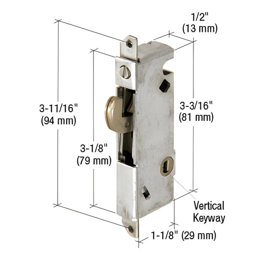 CRL mortise lock E2012 - steel housing with adjustable hook, vertical keyway, 1/2" face, 3-3/16" length.
