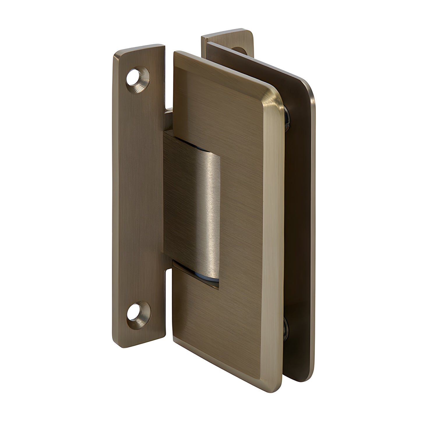 Brushed-bronze solid brass adjustable shower door hinge for 3/8-1/2" glass, wall-mount (SKU C0L337BBRZ)