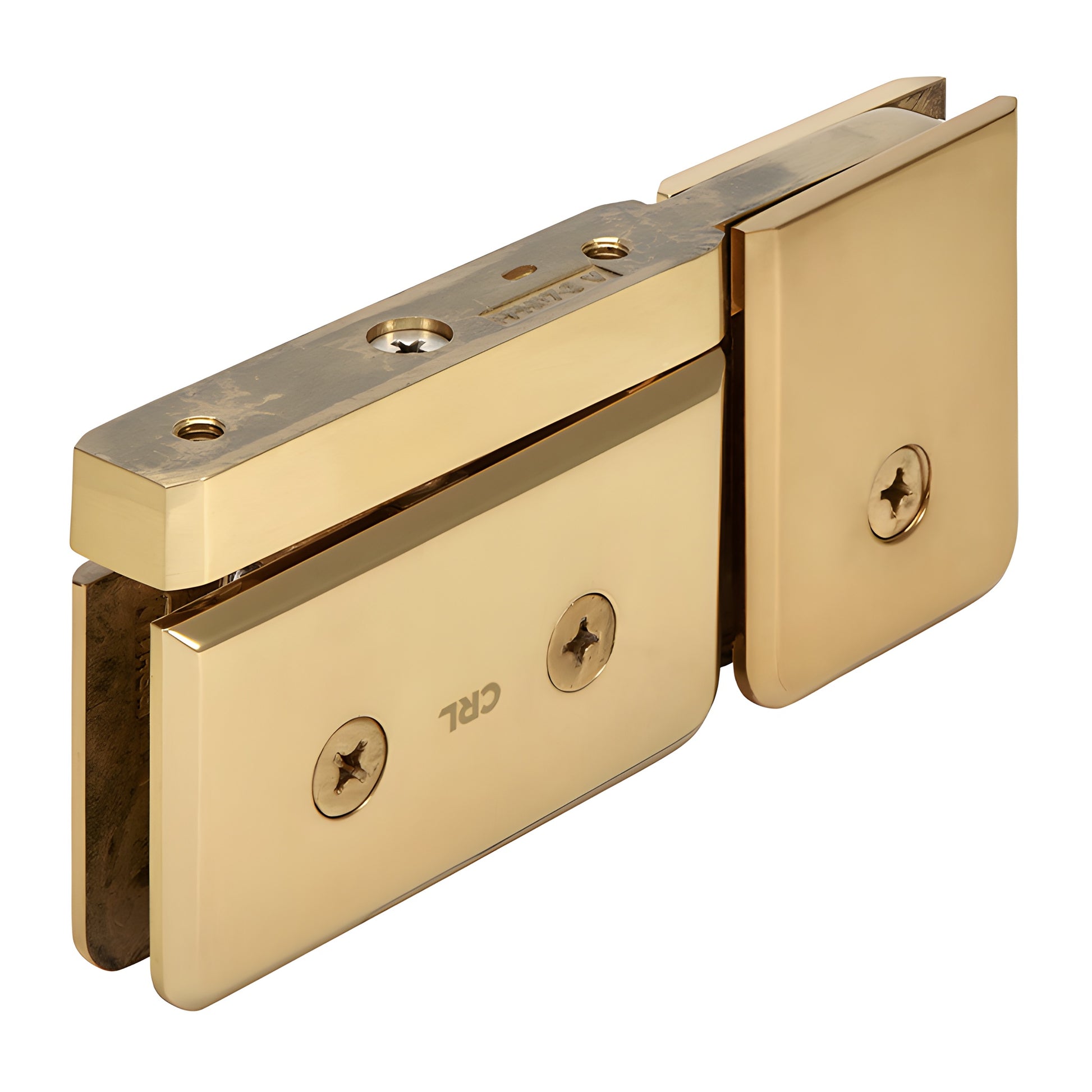 Satin brass beveled Prima pivot hinge for 8-10mm tempered glass shower doors, self-centering, head & sill mount.