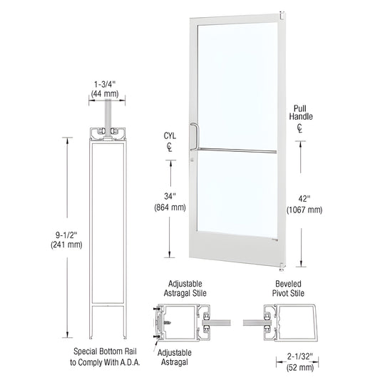 White Kynar 250 Narrow Stile aluminum door with large glass, ADA 91 2" bottom rail, push bar/pull handle, SKU CD22252LA36.