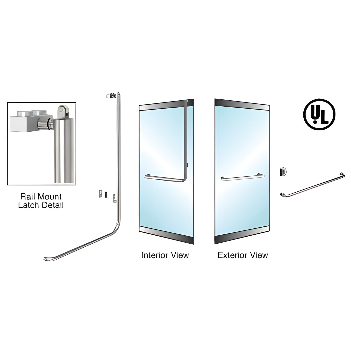 PA100A3LKBS brushed stainless low-profile panic rail handle for 1/2 in-3/4 in tempered glass doors, 1-1/4 in tube.