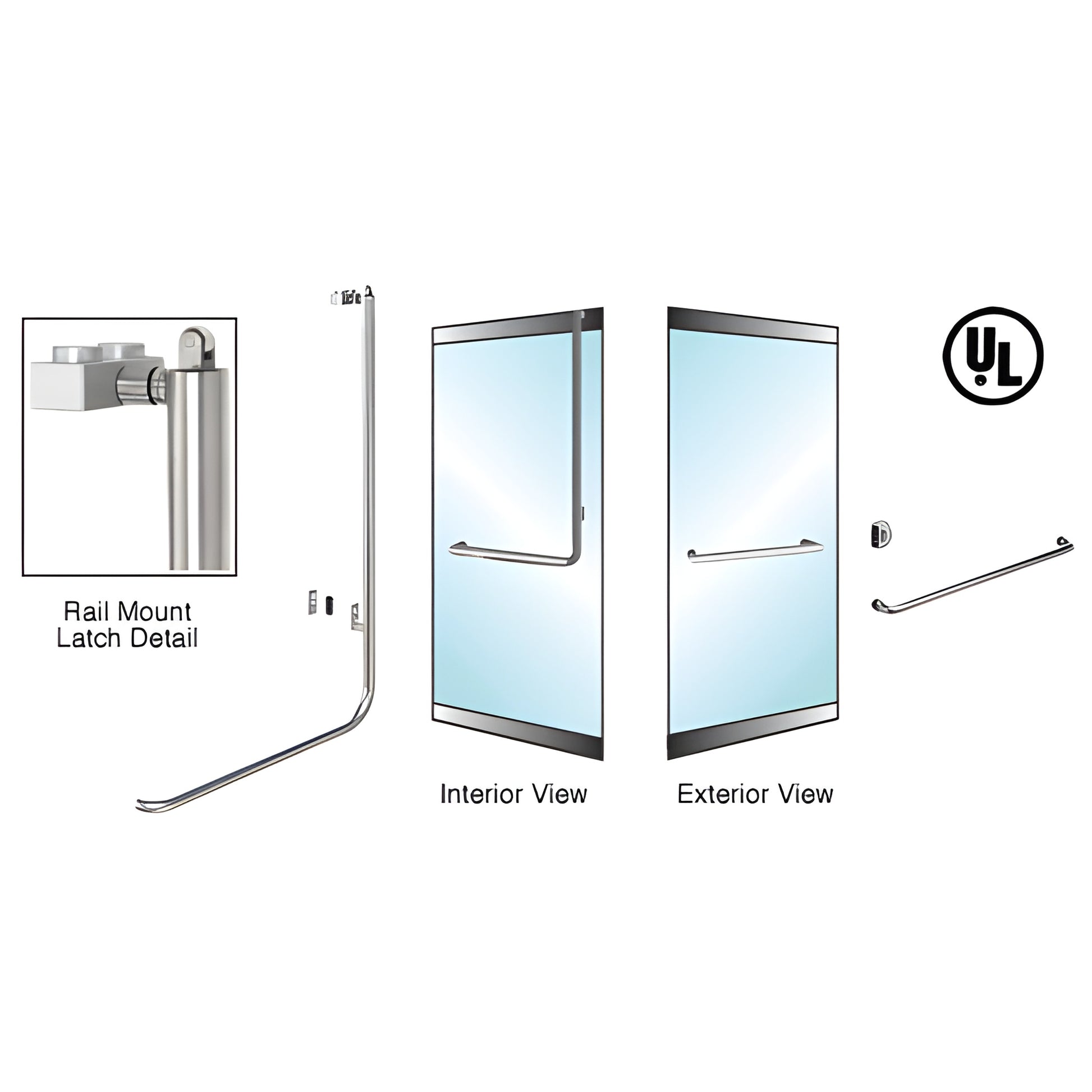 PA100A3LKBS brushed stainless low-profile panic rail handle for 1/2 in-3/4 in tempered glass doors, 1-1/4 in tube.