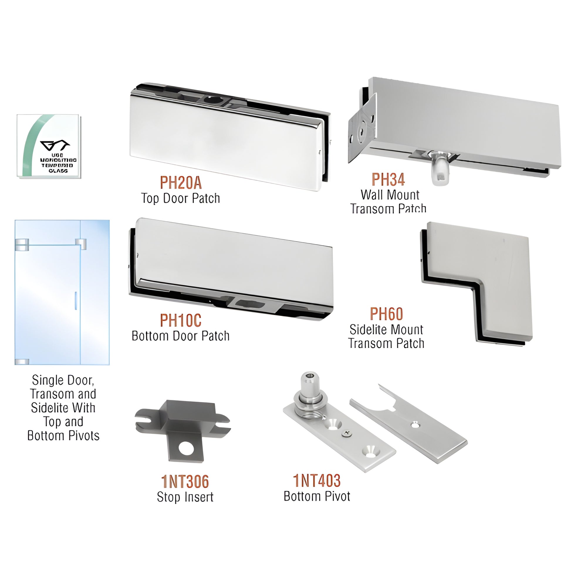 PHA4BS brushed stainless pivot door kit for 3/8-1/2 in tempered glass; includes top/bottom patches, transom & sidelite hardwa