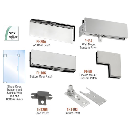 PHA4BS brushed stainless pivot door kit for 3/8-1/2 in tempered glass; includes top/bottom patches, transom & sidelite hardwa