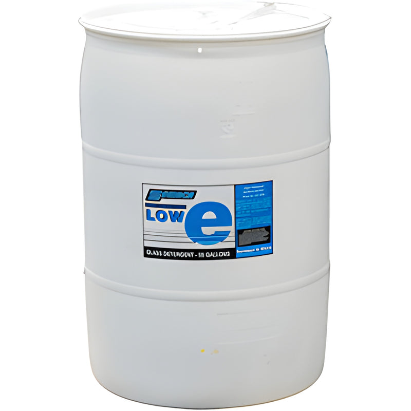 White 55-gallon drum of Low E glass washer detergent with blue label, concentrated formula - SKU 3379048.
