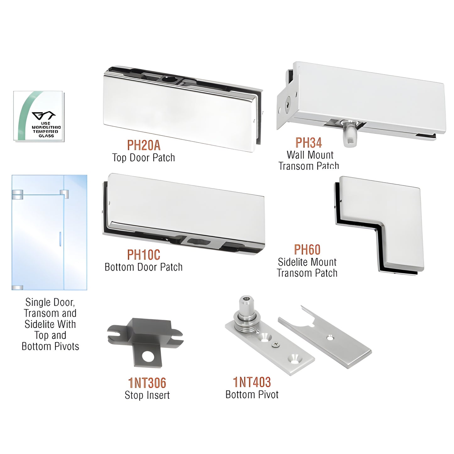 PHA4A pivot door hardware kit - satin anodized patches, top/bottom pivots, transom and sidelite fittings for 3/8-1/2" glass