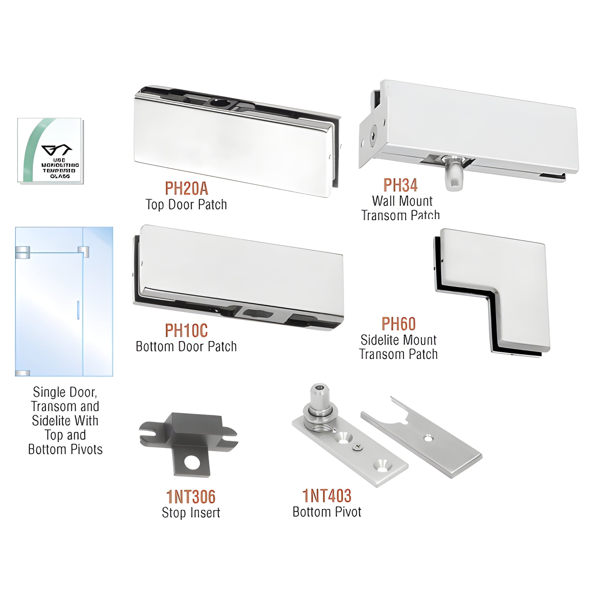 PHA4A pivot door hardware kit - satin anodized patches, top/bottom pivots, transom and sidelite fittings for 3/8-1/2" glass