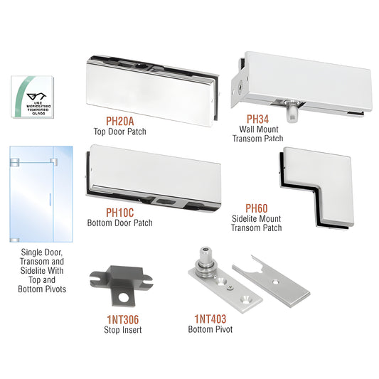 PHA4A pivot door hardware kit - satin anodized patches, top/bottom pivots, transom and sidelite fittings for 3/8-1/2" glass