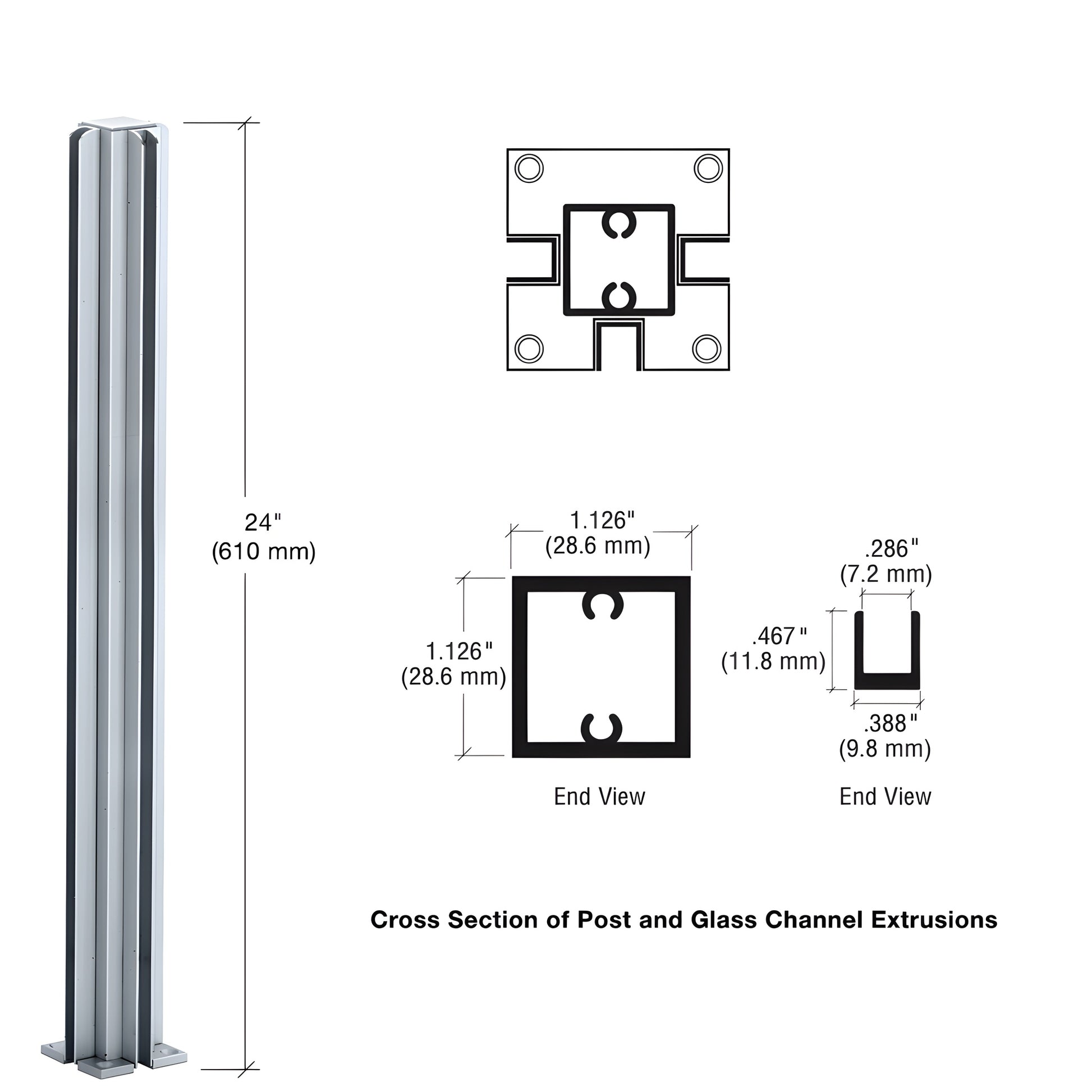 3-way aluminum partition post, satin anodized, full-length glazing channels, includes base cap - SKU D990A243W