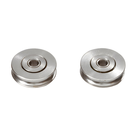 Stainless steel grooved ball-bearing patio door rollers, pair; 1/4" bore, 1-1/4" OD, 5/16" wide (SKU D1693)