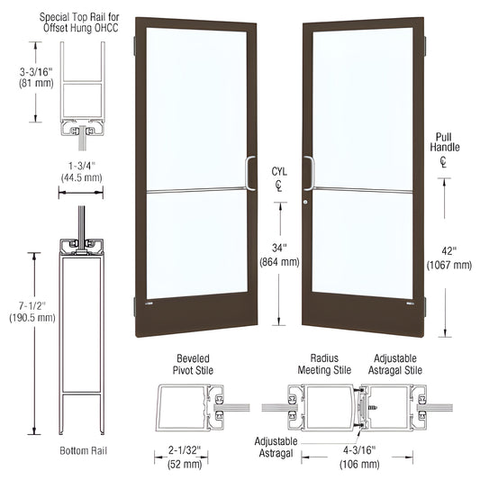 SKU HE22422 - Black Bronze narrow-stile aluminum entrance door with 1/4" tempered glass, 7-1/2" bottom rail.