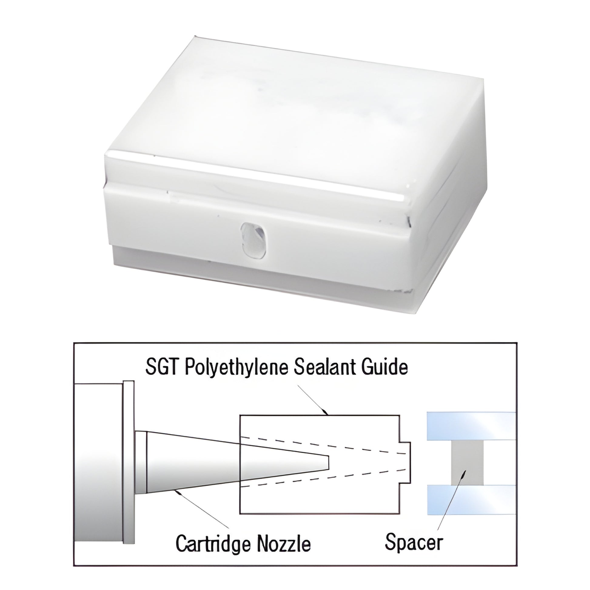 SGT12 polyethylene sealant guide - white rectangular adapter that fits over tapered cartridge nozzles for insulating glass